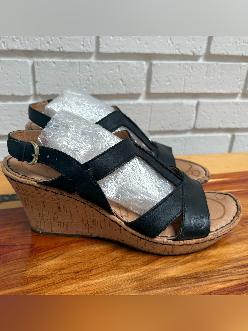 Born Black Leather Cork Wedge Sandals with Adjustable Strap, Women’s Size 8 - Picture 3 of 7